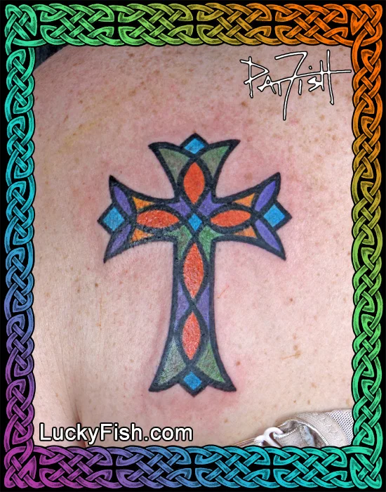 Stained Glass Cross Tattoo by Pat Fish