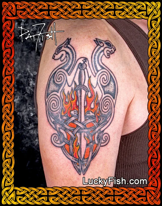 'Celtic Sword Cats' Tattoo by Pat Fish