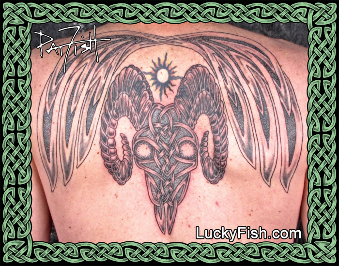 Celtic Knotwork Ram Skull Tattoo by Pat Fish