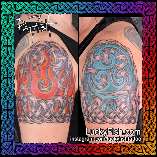Matching Celtic Elemental Sleeve Tattoos by Pat Fish