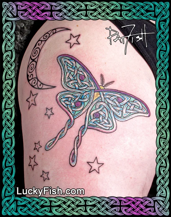 Celtic Luna Moth and Lunar Crescent Tattoo by Pat Fish