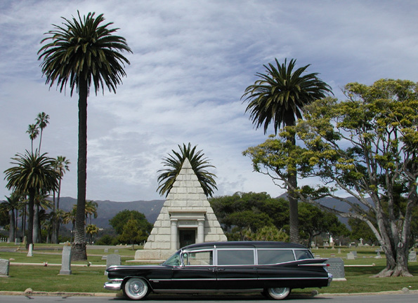 My 1959 Miller-Meteor Cadillac hearse in the Santa Barbara Graveyard in Montecito.