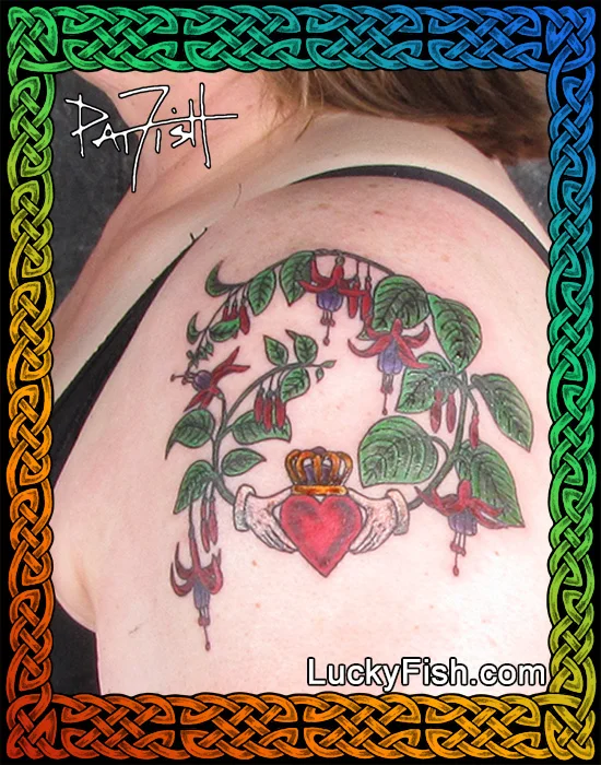 Fuchsia claddagh tattoo by Pat Fish