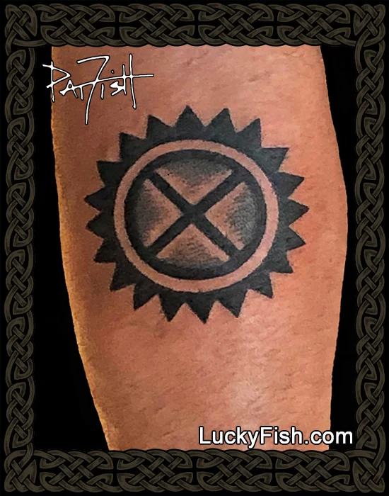 Chumash Indian sun tattoo by Pat Fish