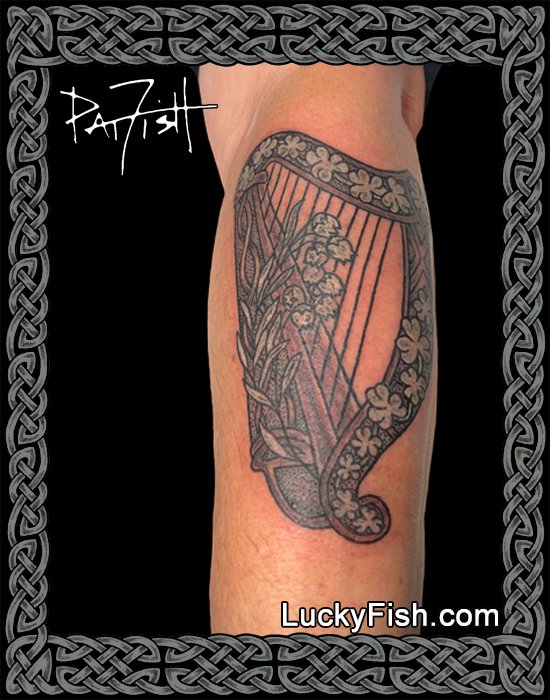 Harp Tattoo Design with Celtic Shamrocks and Bog Rosemary