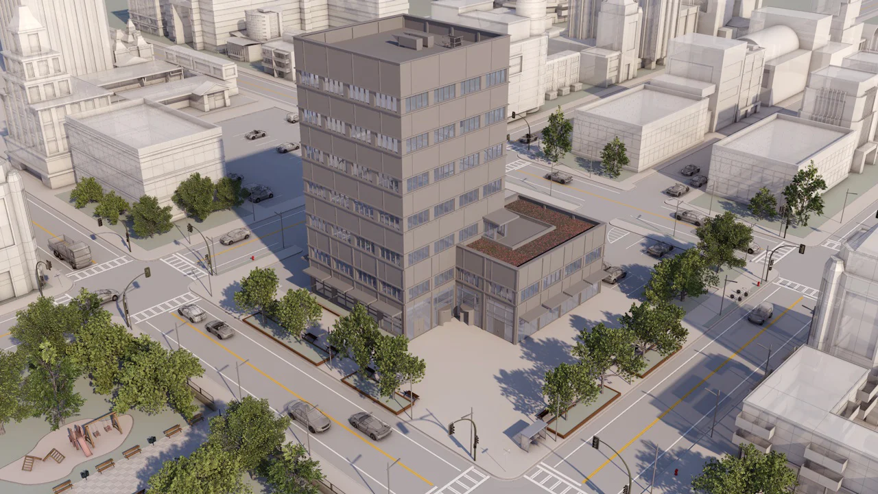  Here is the final construction shot for the building we created for this animation. 