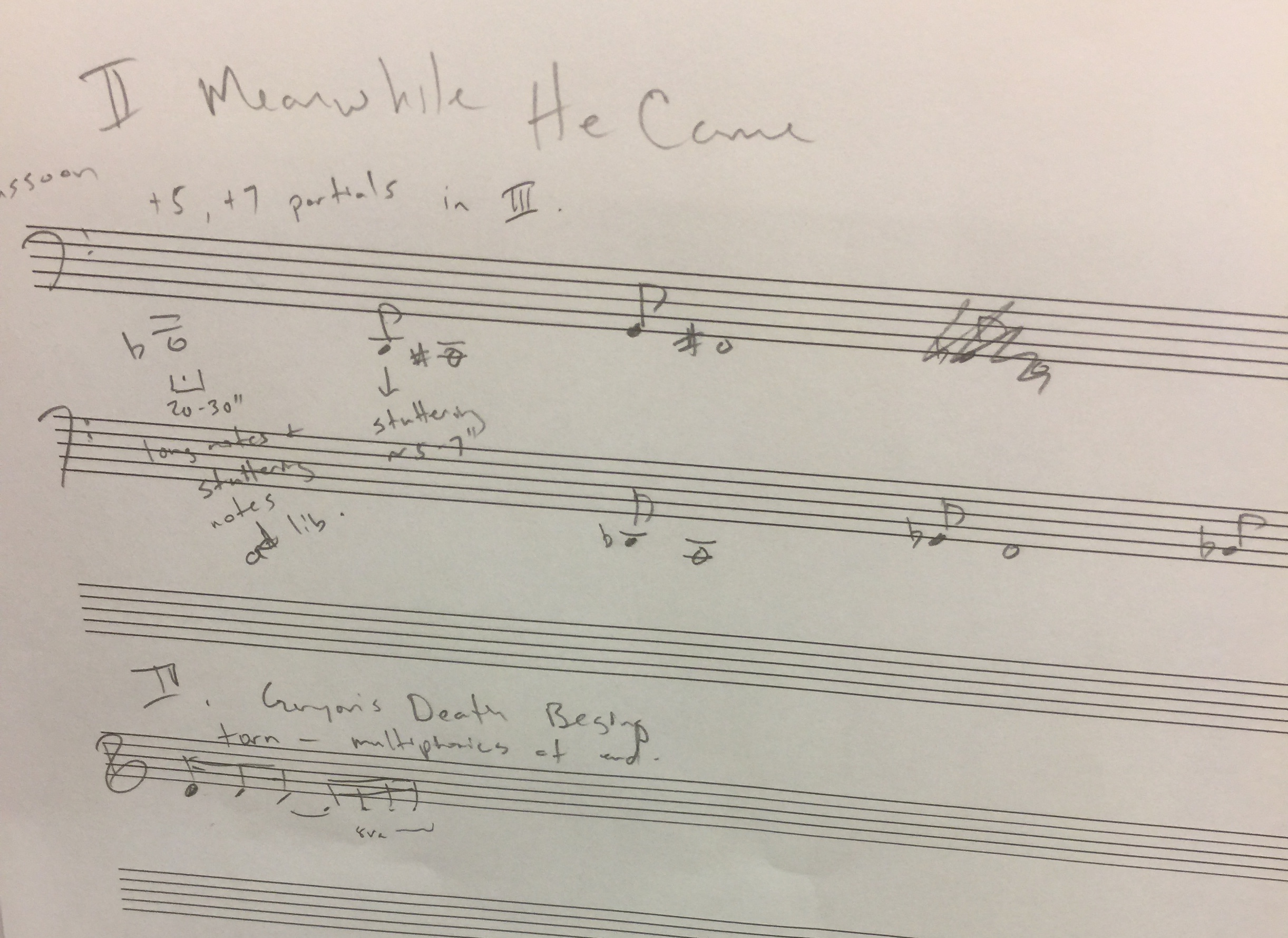 Sketches of red stage 1 in Meanwhile He Came and stage 2 in Geryon's Death Begins. In the former it is improvised and in the latter it is notated specifically.