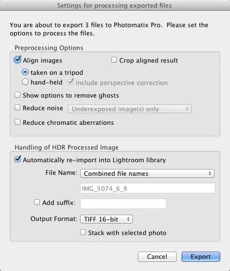 Photomatix import settings for importing shots taken on a tripod.