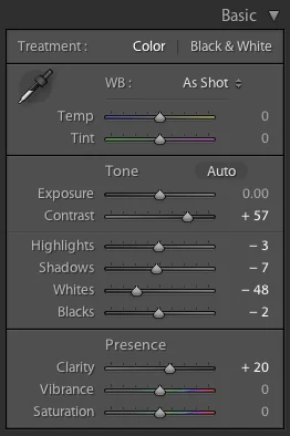 Adjustments applied after importing the HDR processed image back into Lightroom.