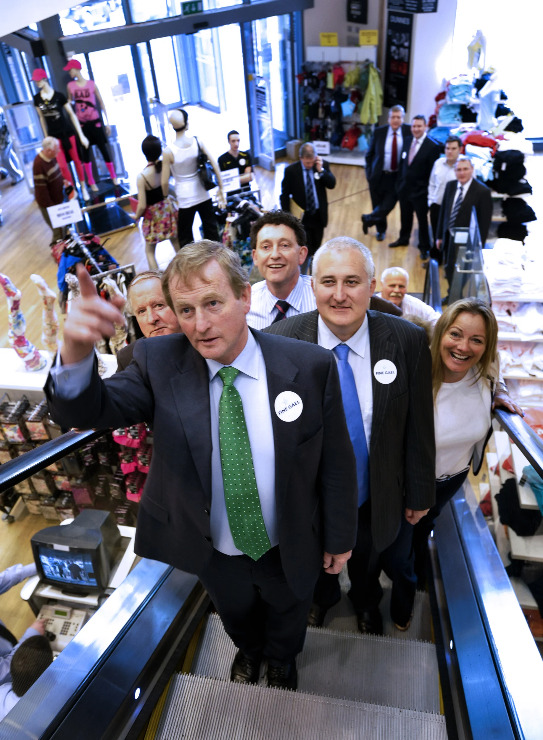 Fine Gael leader Enda Kenny with candidates Gabriel Keating, Johnny Flynn, Roger Fox, Tony Mulqueen and Mary Howard, canvassing Dunnes Stores during his visit to Ennis.