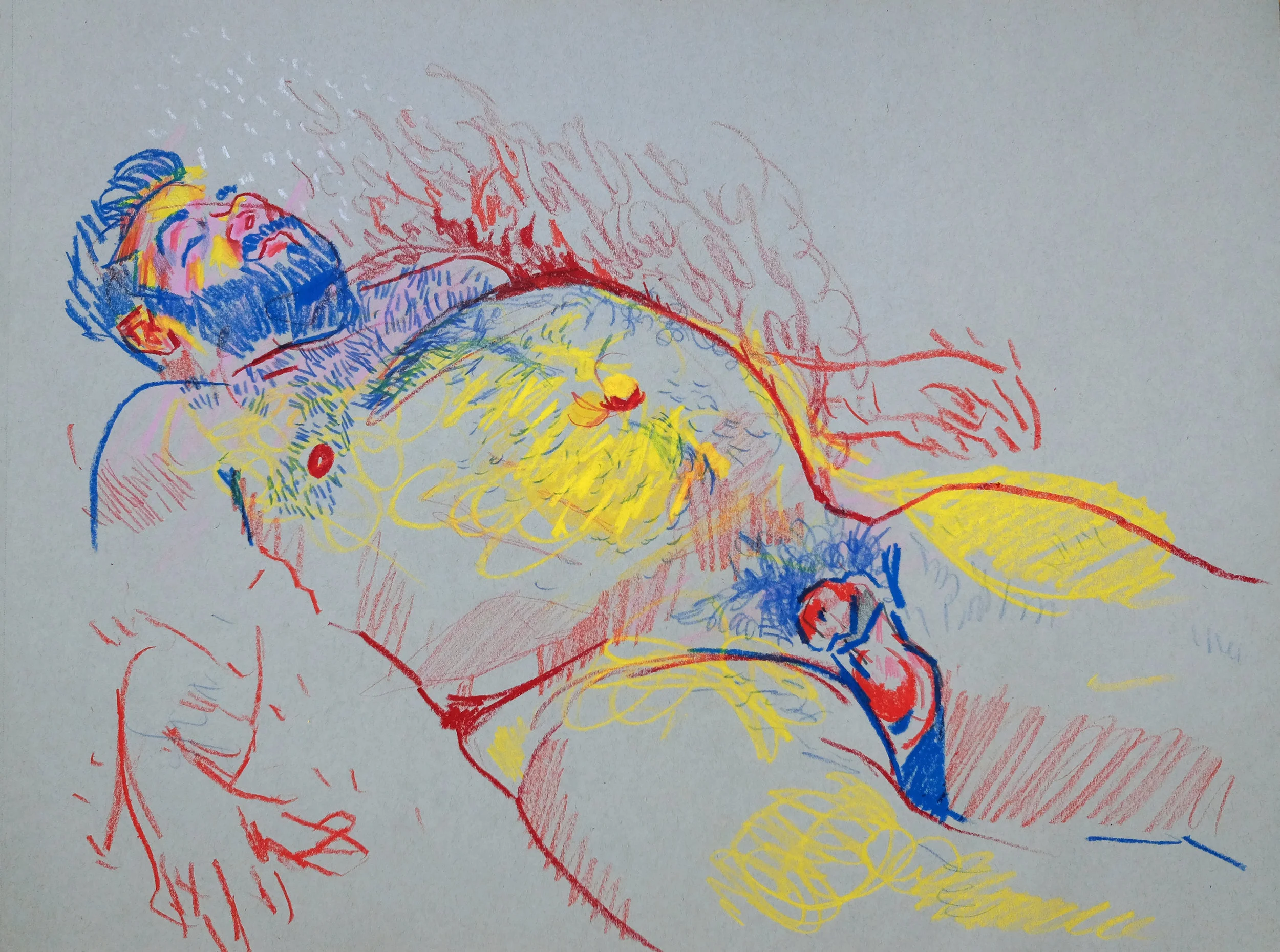  24" x 18"  china marker &amp; colored pencil on toned paper 