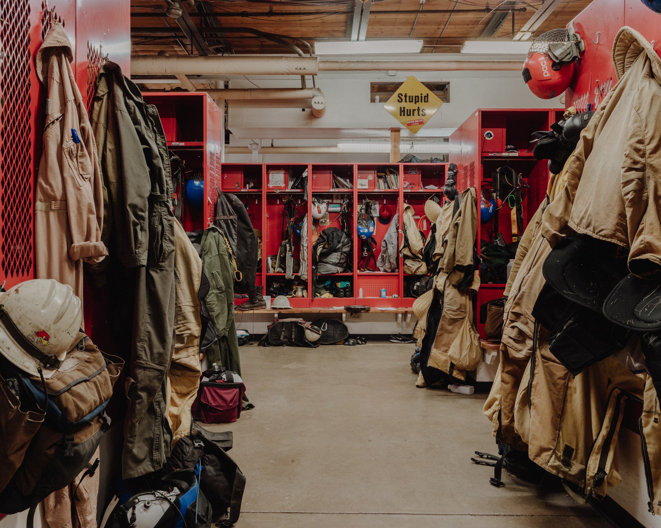  Inside of the Missoula Smokejumper base, the “ready room” is where smokejumpers get ready before they leave for the aircraft - photographed for  BuzzFeed News  