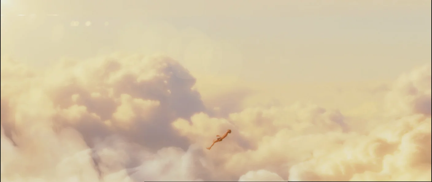 Triven flying. Shot on green screen and composited in After Effects. Clouds were a compilation of still images on multiple layers and transparencies. I used deformers to animate the clouds swirling as the camera passed them moving in on Triven. I based this shot on the shot of Maleficent in the clouds. 