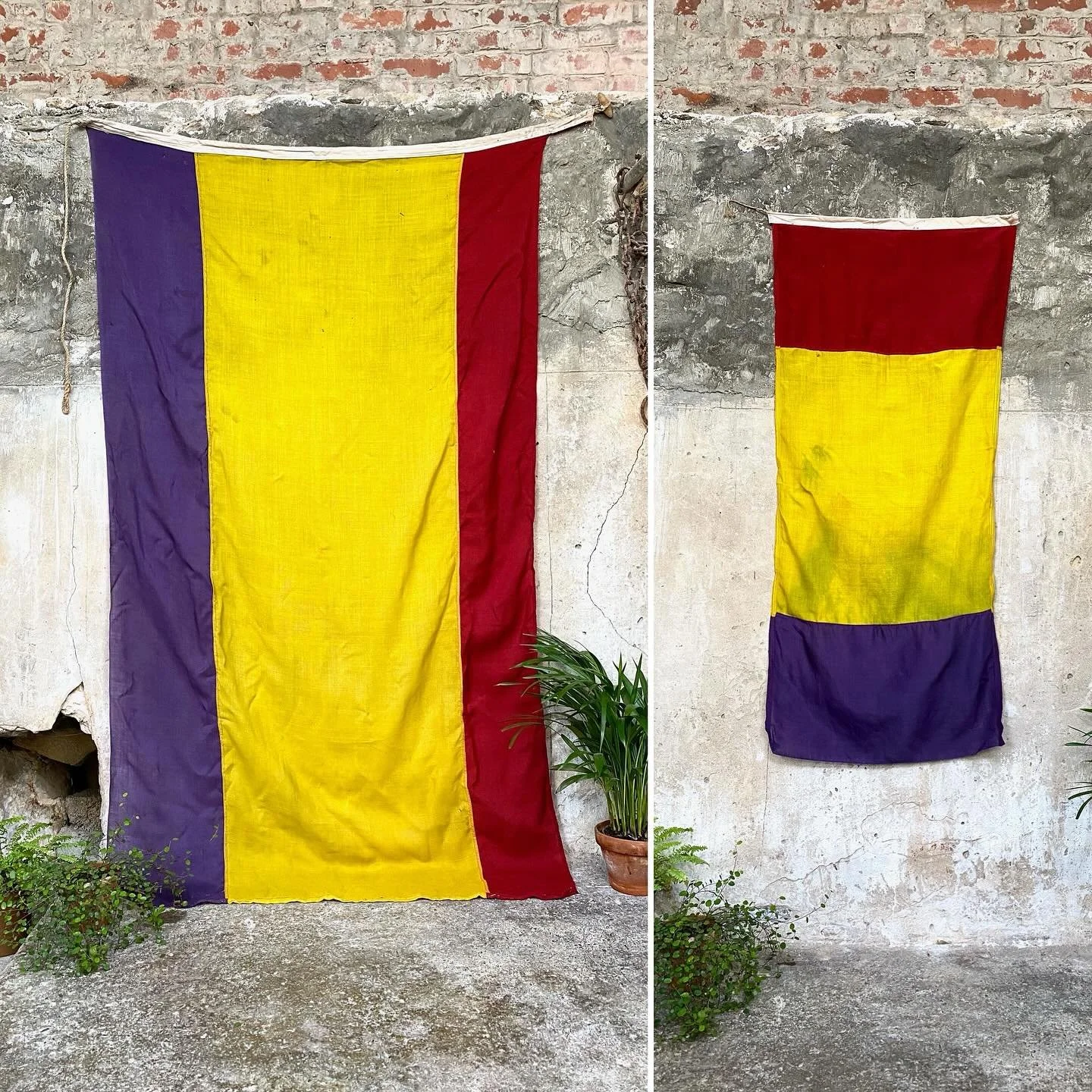 Rare things indeed. Pair of 1930s Spanish Republic Flags

These very rare flags were found together. One is stamped with the lettering &ldquo;SPANISH REP&rdquo; in English, making it possible it was for a &lsquo;Brigadas Internacionales&rsquo;, or &l