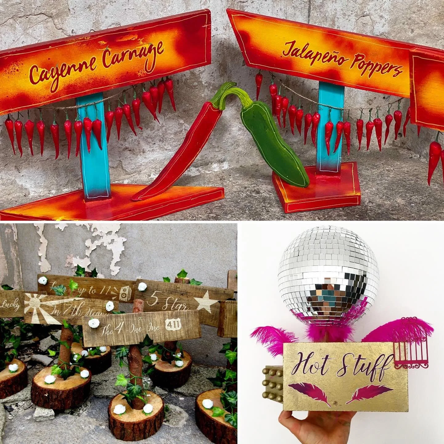 Just a few of the many party table centrepiece designs I&rsquo;ve made for parties, as far afield as St. Tropez 🌶️ 🪩 🌳

Personalised to the theme and style of your event. DM for a price. 

#partyplanning #partyplanner #event #weddingdecor #wedding