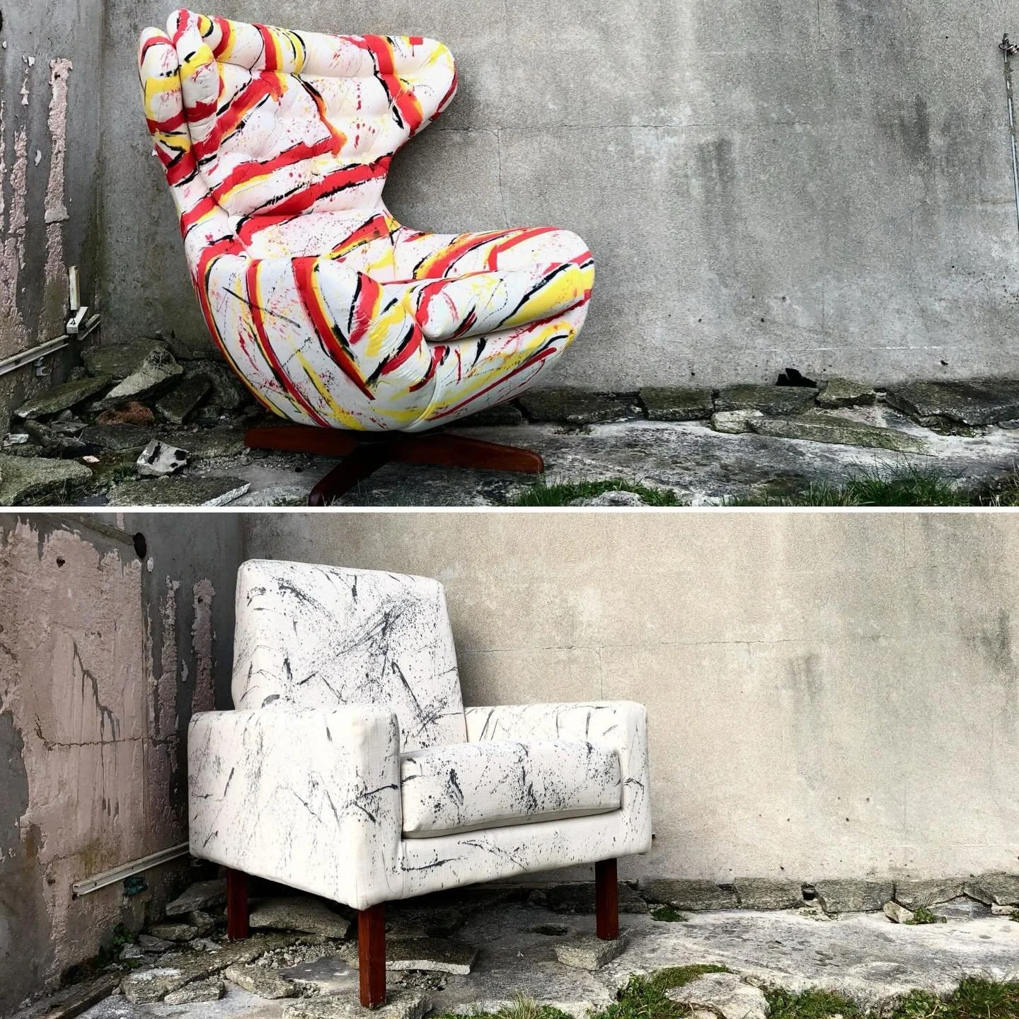 BOTH SOLD. I painted these mid century chairs with @thescratchdoctoruk fabric dye a couple of years ago, after having them professionally reupholstered in calico by @thesofasmith 

I&rsquo;m looking for more chairs to paint so let me know if you have