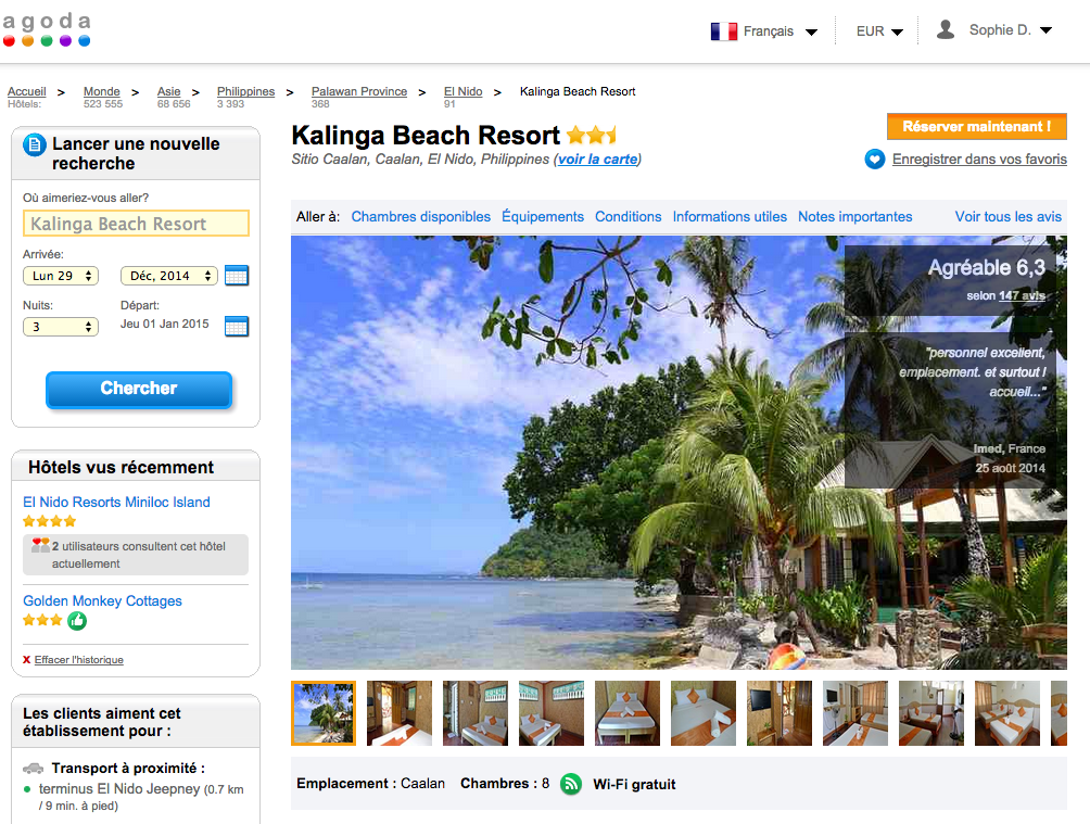 Hôtel moyen de gamme réservé à l'est d'El Nido du 29/12 au 1/1, excellemment situé pour fêter la Saint-Sylvestre et s'adonner au Island Hoping dont les offres sont apparemment assez standard On aime les 'apps' pour smartphones (booking a la meme) et permet de gérer ses réservations, présenter son voucher sans l'imprimer ou faire d'autres modifs. 