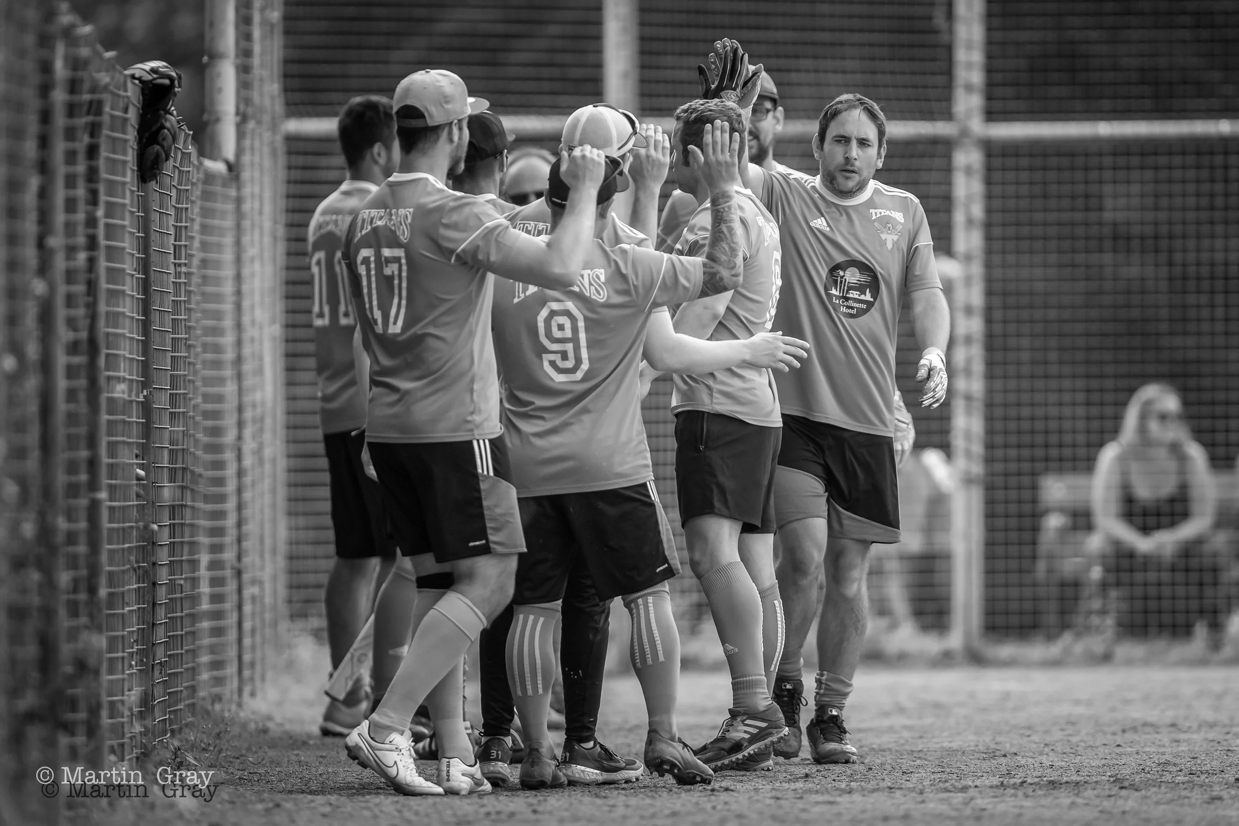 Titans celebrate a Craig Batiste home run B+W-8624.jpg