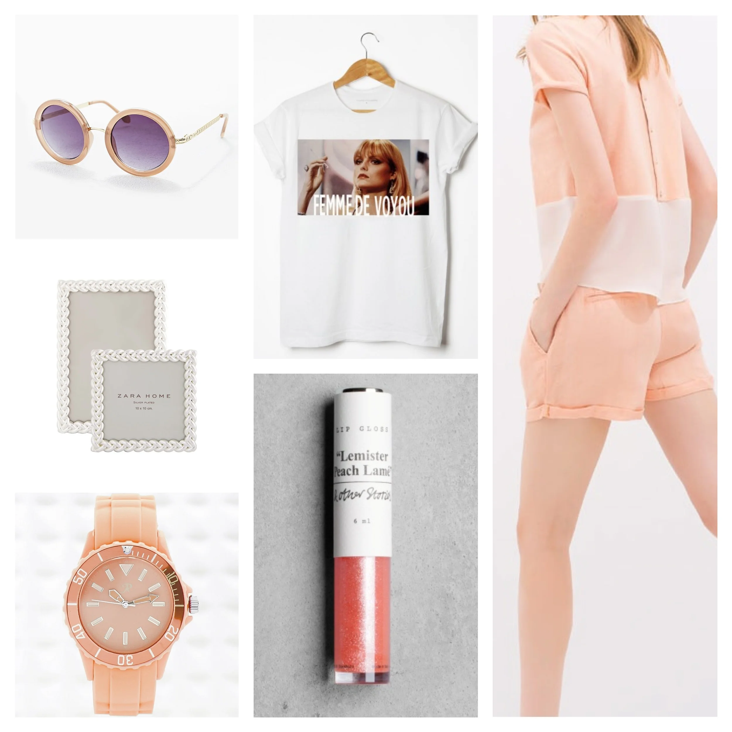 Lunettes de soleil - Urban Outfitters - 25€ T-shirt « Elvira » - Florette Paquerette - 24€ Short Jacquard rose - Zara - 19,99€ Cadres - Zara Home - 9,99€ Gloss - & Other Stories - 5€ Montre corail - Urban Outfitters - 14€