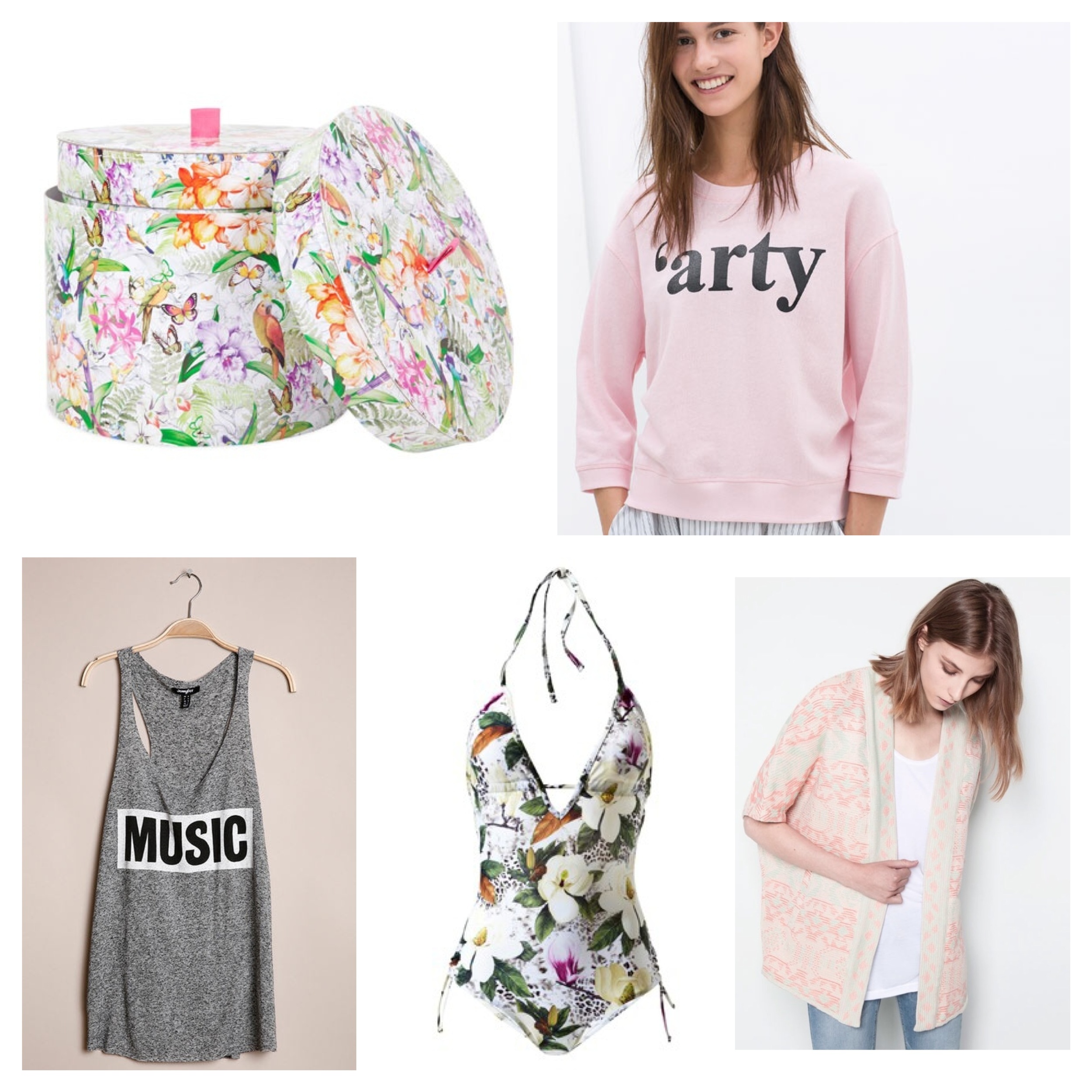 Boîtes - Zara home - 7,99 € Sweat Arty - Zara -7,99 € Débardeur Music - Jennyfer - 7,99 € Maillot de bain - 3 Suisses - 22,49 € Veste - Pull & Bear - 19,99 €