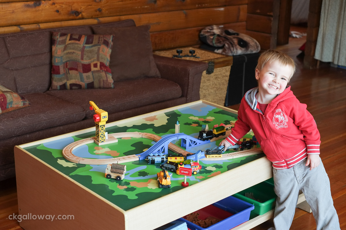 Now, not only do we have a coffee table, but Oscar can play with his train set without having to bend over or crouch.