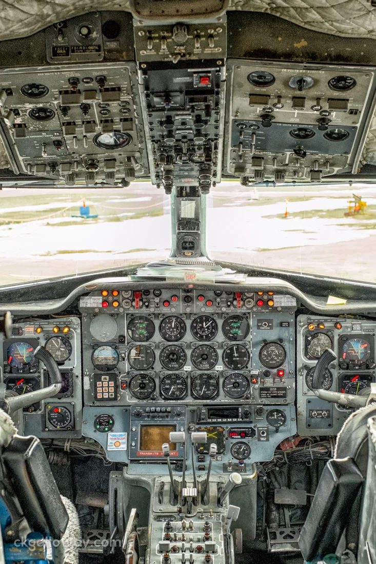 The cockpit (or flight deck) of a Hawker Siddeley 748, one of five at Air North. As part of our training we got to sit in the pilot's seat, fasten the harness, adjust the seat... but NOT touch anything else for obvious reasons despite all the tempting red buttons. 