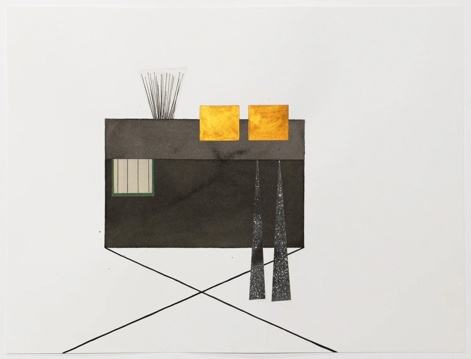Untitled (no. 32), 2013, from the Black Box Project, ink, paint, collage on paper, 12 x 16”