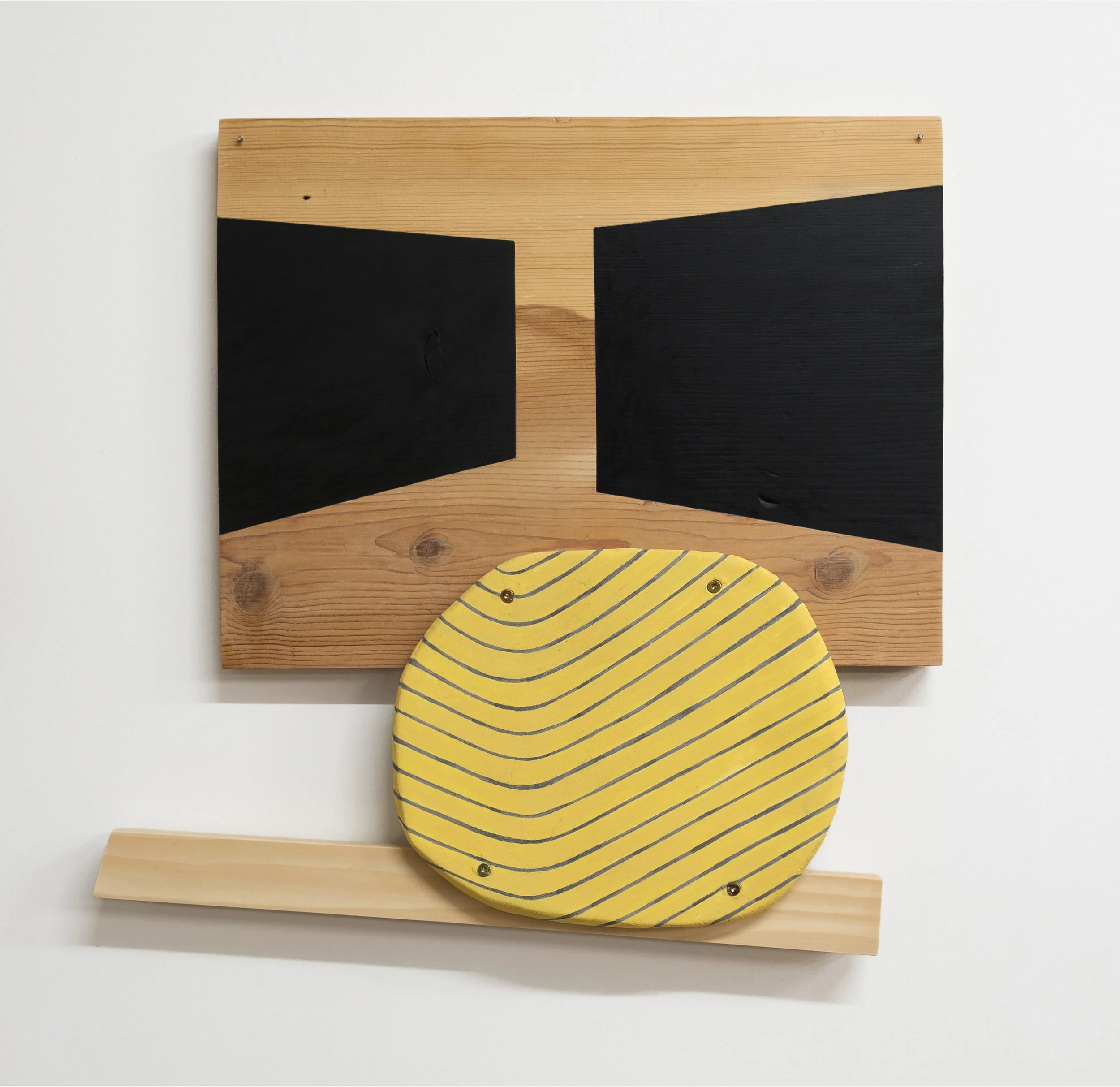 Untitled, 2018, wood, paint, ink, nails, screws, fired clay. 17 x 17 x 2”