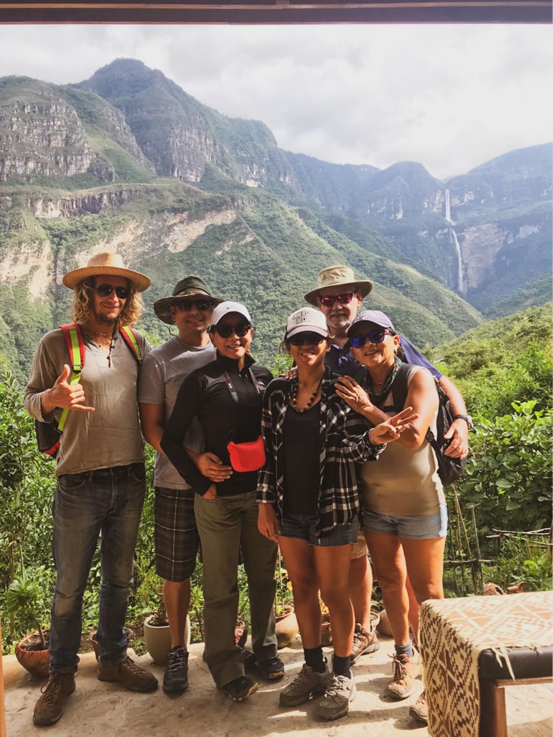 Reunited with the family at the hostel, Gocta Falls in the back