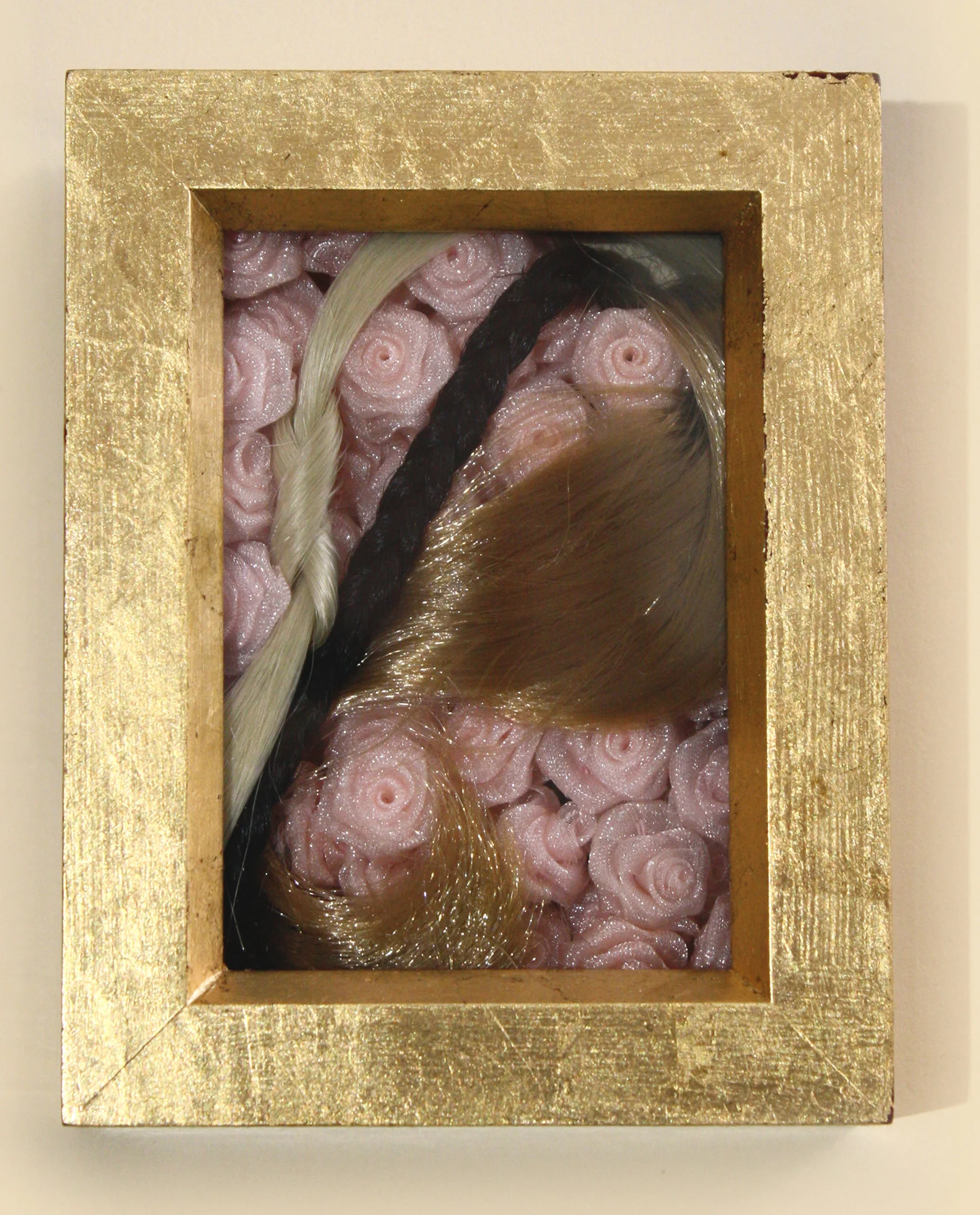 Icon #4 Doll Hair, Blonde and Black Human Hair, Pink Fabric Roses, 24k Gold Leaf in reclaimed Wooden Frame