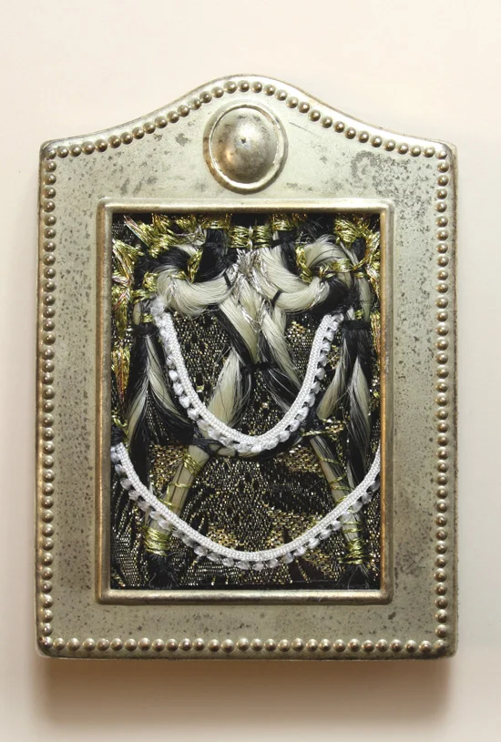 Icon #1 Purchased Human Hair, Metallic Embroidery Thread, Costume Brocade and Trim in Used Silver Frame 4''x 3'' 2014