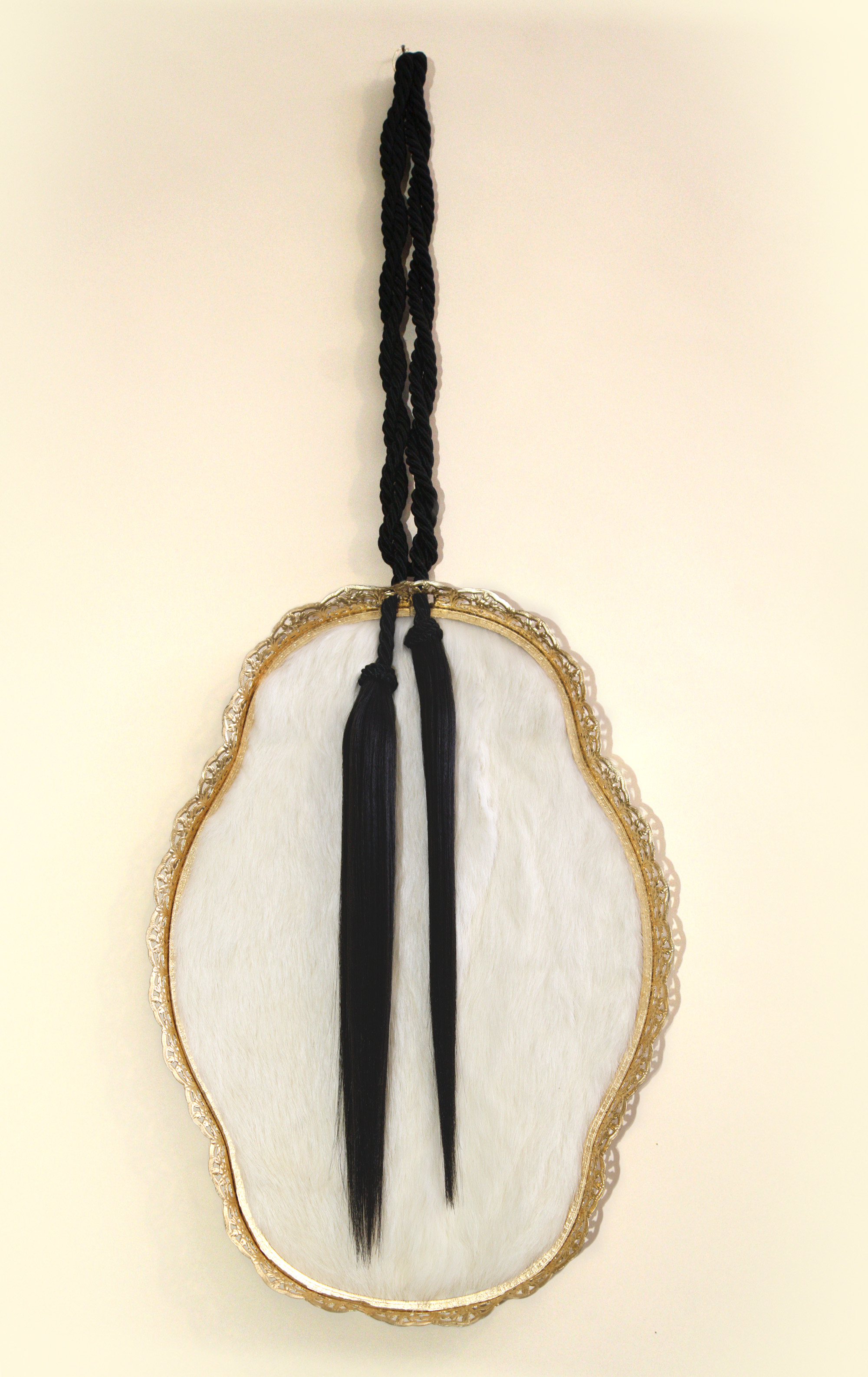 Icon #6 Pre-owned White Rabbit Fur, Black Human Hair, Fabric Tassel and 24k Gold Leafed Vintage Frame