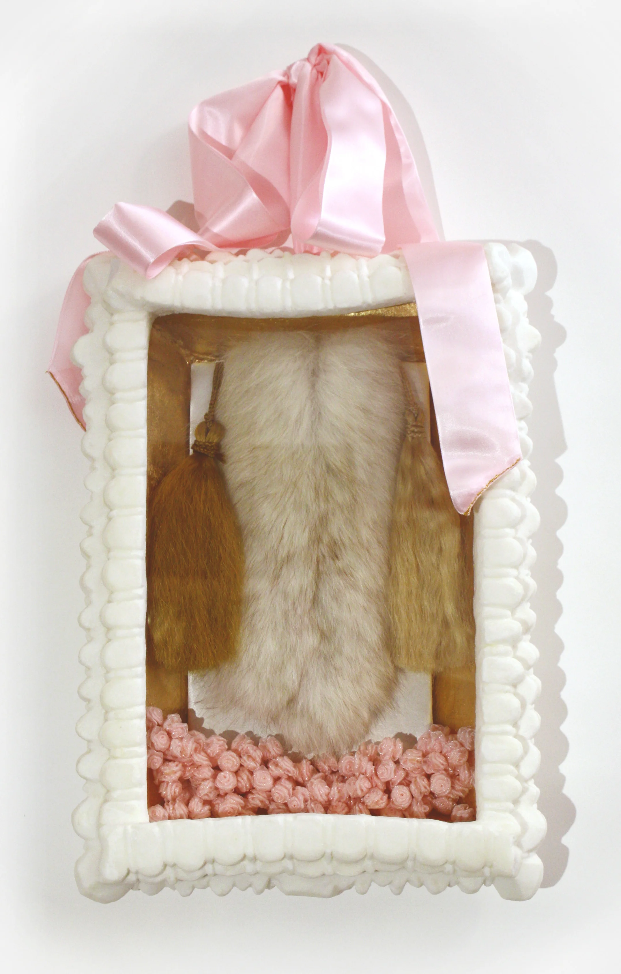 Icon #5 24k Gold Leafed and Sugarcoated carved Lifoam Styrofoam Cool Frame, Pink Baby Blanket Ribbon, Pre-owned Fur and Satin, Acrylic and Human Hair, Pink Fabric Roses