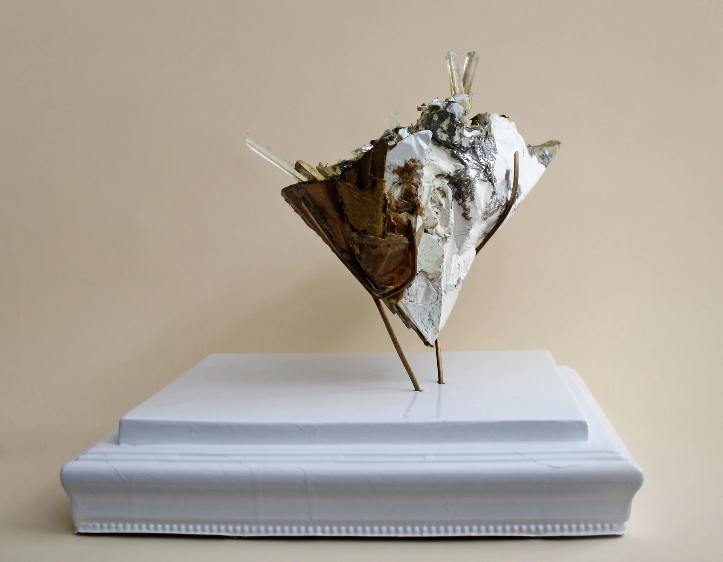 Object #3 Debris and Refuse Cast in Eco-Resin, Gold Spray Paint, Wood Glue, Plaster, Used Cardboard, White Sign Painters' Enamel and Used Wood Framing 11" x 15" x 10" 2012-13