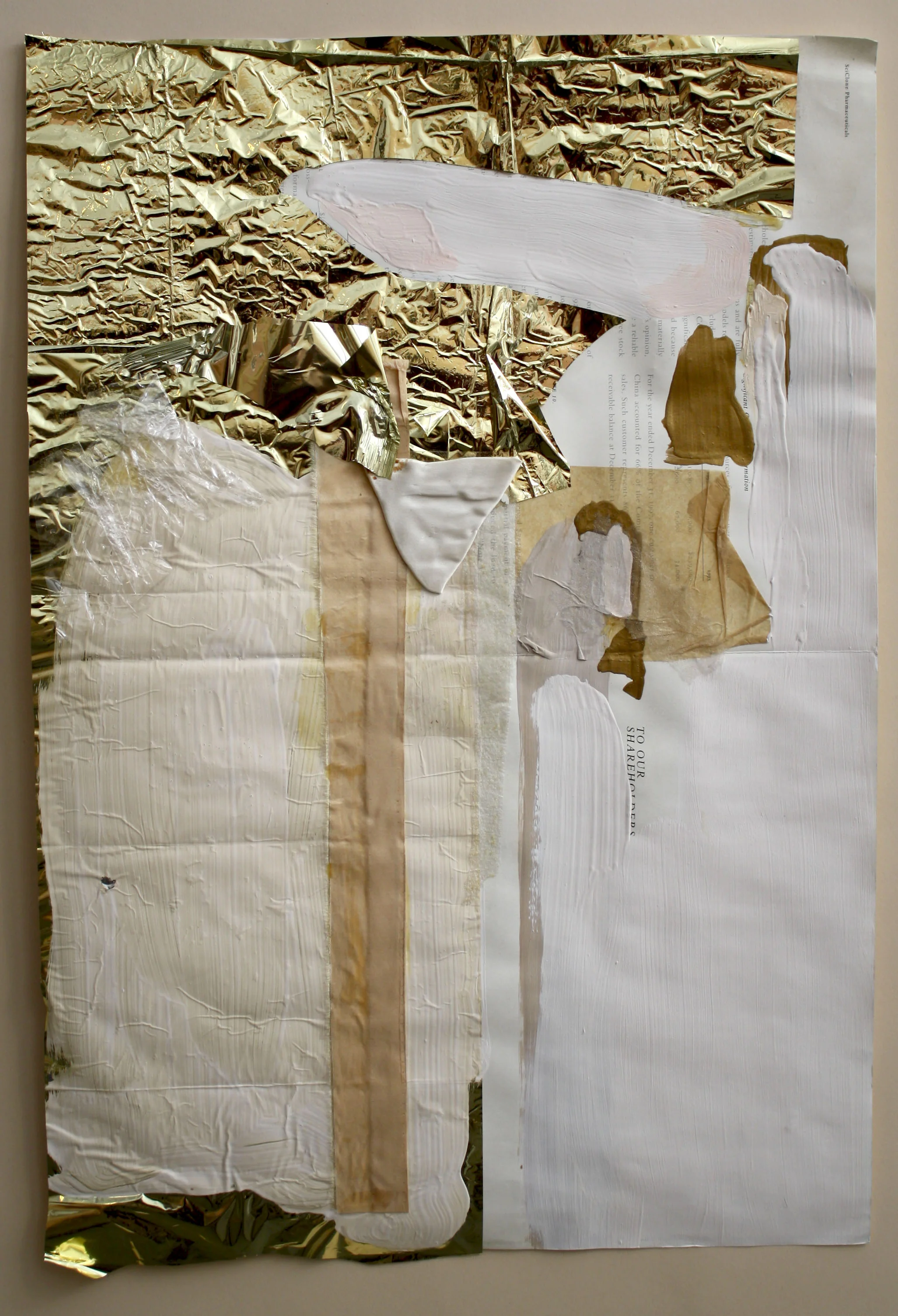 Works With Paper #2 To Our Shareholders House Paint and Primer, Used Packing Tape and Tissue Paper and Pre-Owned Satin on Found Paper 16" x 22" 2011-12