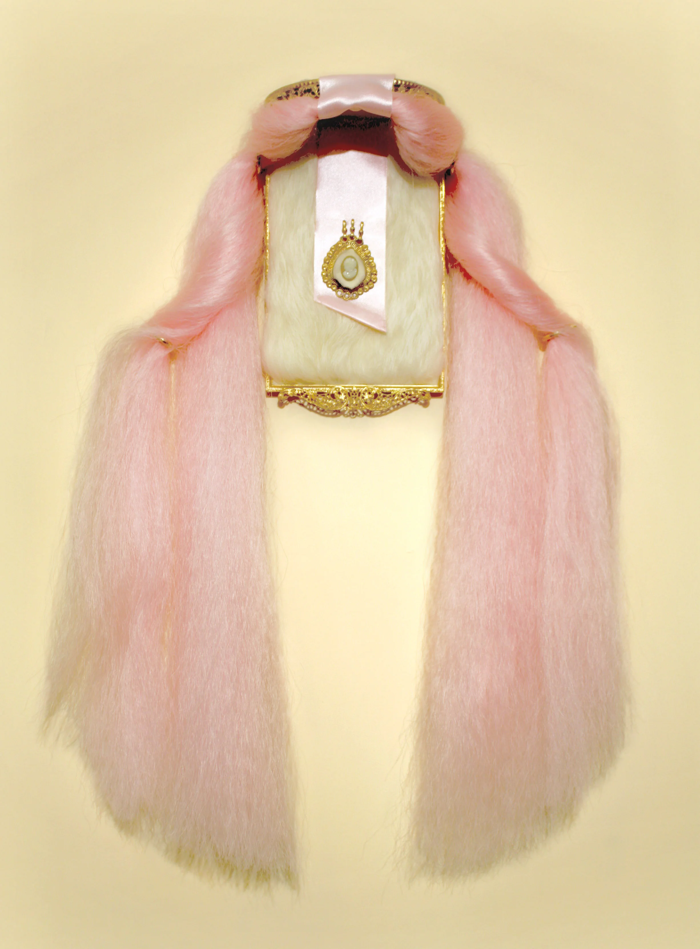 Icon #8 Pink Acrylic Hair Extensions, Used White Rabbit Fur, 24k Gold-Leafed Vintage Frame, Pink Baby Blanket Ribbon, 24k Gold-Leafed Vintage Broach, Revlon ( Pale Cashmere ) Nail Polish on Plastic Cameo 20"x18"x4" 2015