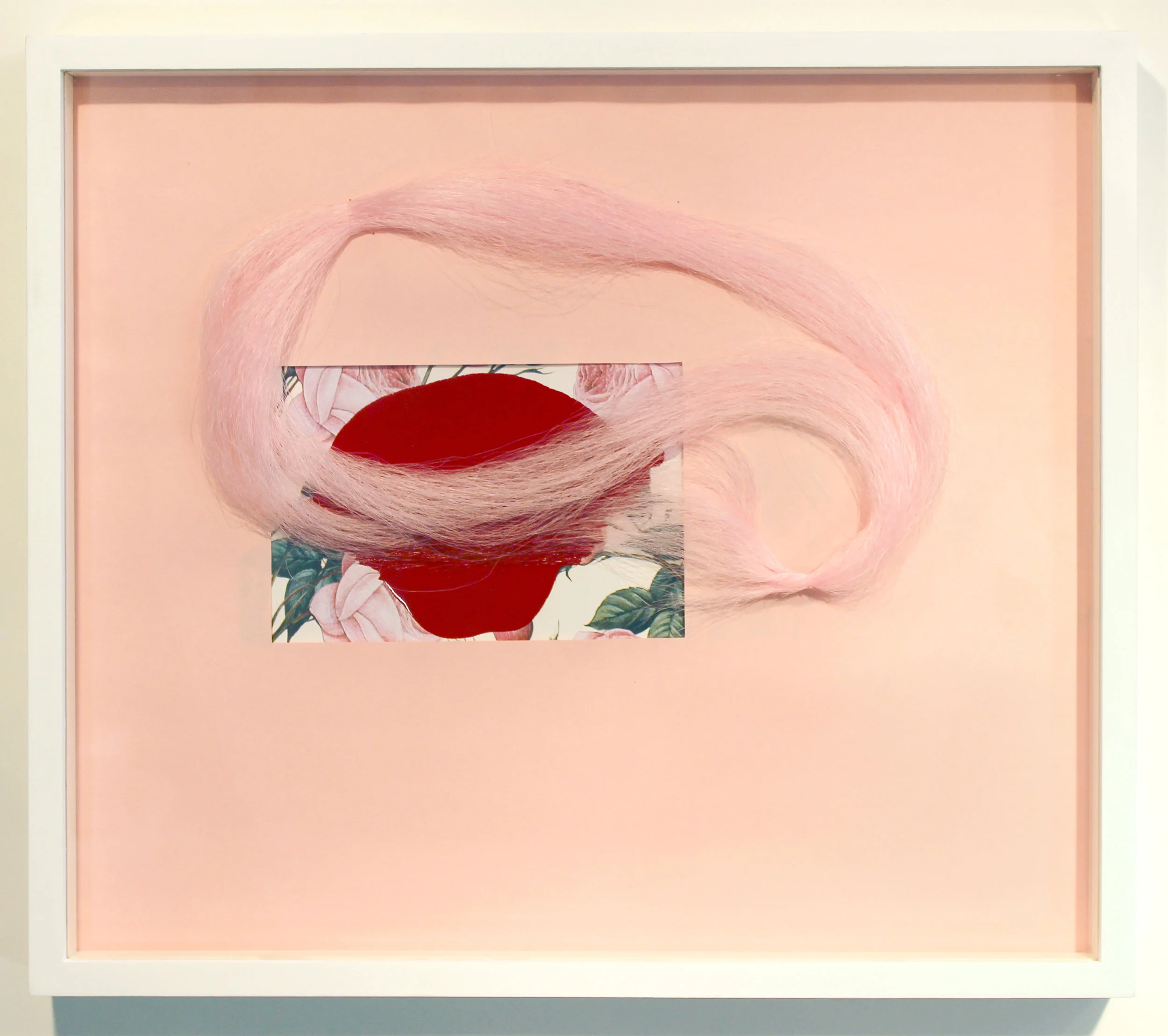 How My Garden Grows #8 2017 pink acrylic hair extensions, reclaimed paper, red enamel 14 in. x 16 in.