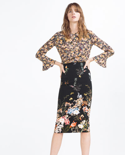 Love the floral on a dark background for this midi skirt by www.zara.com