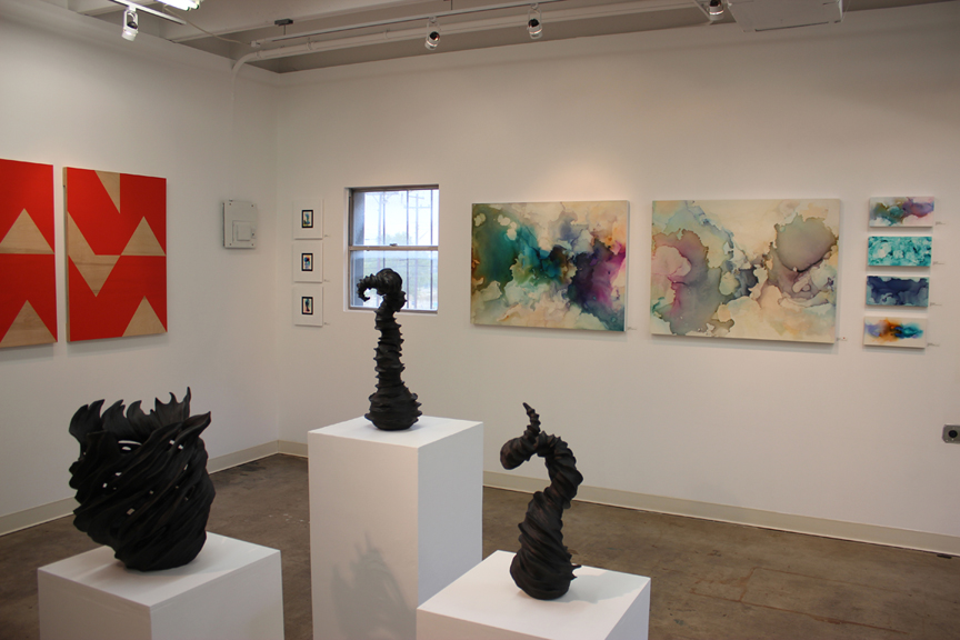 Installation photo from East Austin Studio Tour, November 2014. Polly Lanning Sparrow (left), Judith Simonds (center), Andrea Pramuk (right wall). 