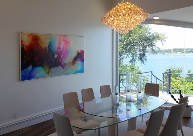 Sunset Cruise, 40x80", installed in private residence, Lakeway, TX, 2016. Designer: Anastasia Read of ARCHITERIORS , Austin. Framing provided by Metropolitan Picture Frames.