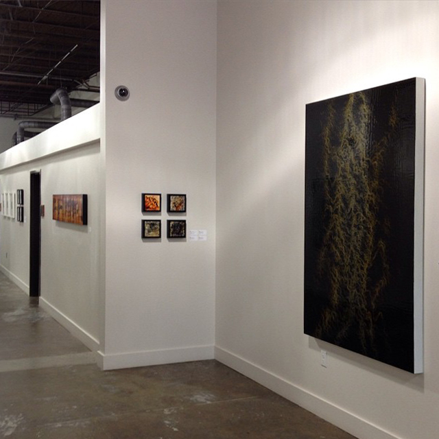 Camiba Art , Austin, TX, Flow , 2/1/15 – 4/5/15 with artists Paul Booker (right), Nicola Parente (left) and Misha Penton . Series of four (center) by Andrea Pramuk.
