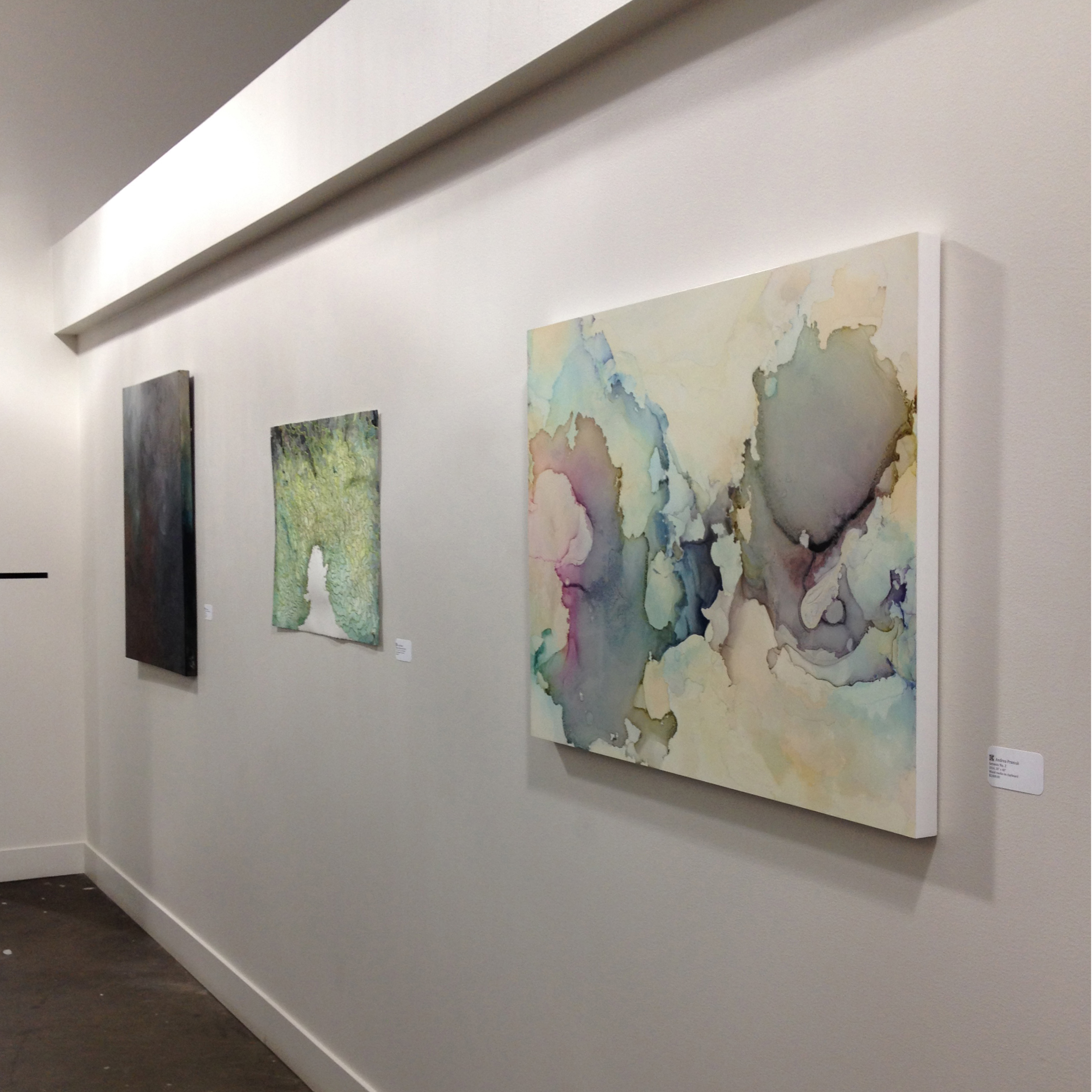 Camiba Art , Austin, TX, Flow , 2/1/15 – 4/5/15 with artists Paul Booker (center), Nicola Parente and Misha Penton (shown left). Genesis II (right)