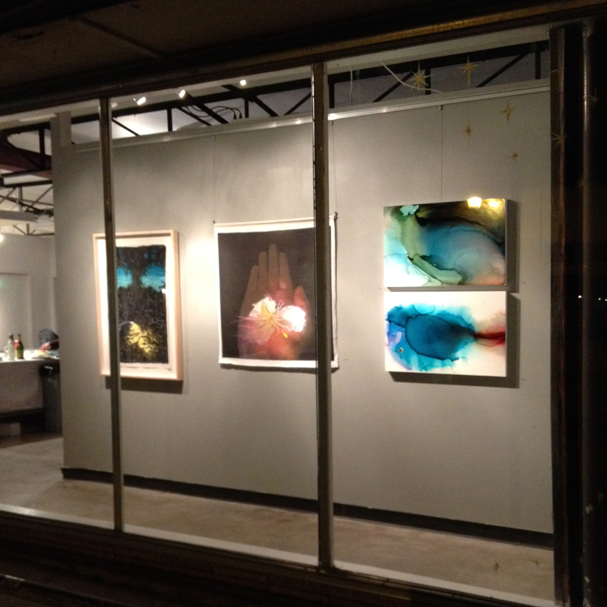 agavePRINT , Austin, TX, SHADOWS + Light , 12/16/14 - 1/8/2015. Shown with artists Valerie Fowler (left) and Nancy Mims (center). Space Between and Abyss far right.