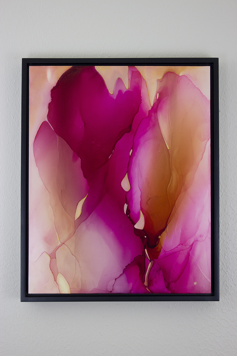 "Grace" installed in the Ampersand Floater Frame, ink and acrylic on Claybord, 20"x16"x1/8", 2017.