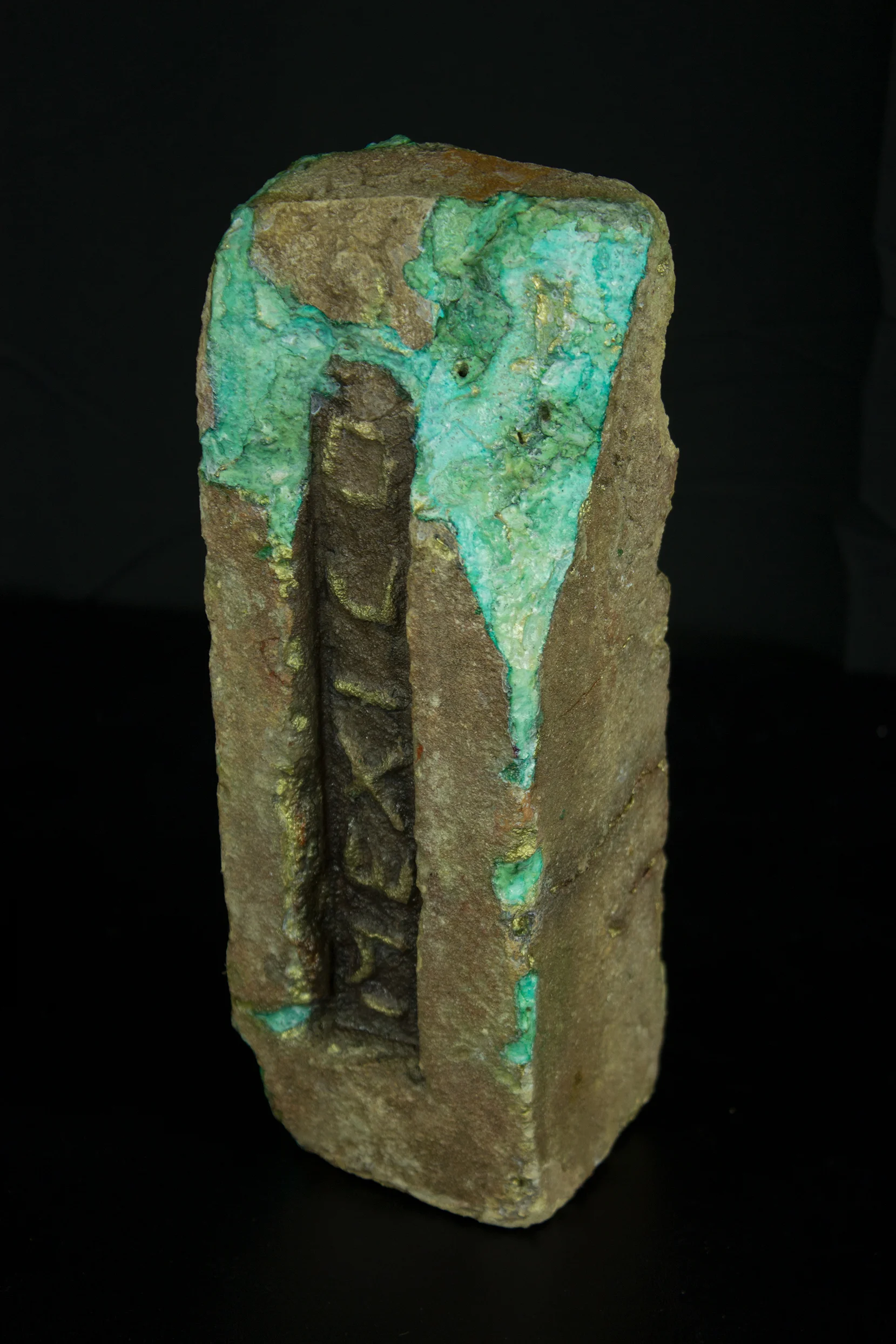 Finished brick. "All We Are", ink acrylic, gold pigment and wax on found brick, 9"x2.75"x3.25", 2017