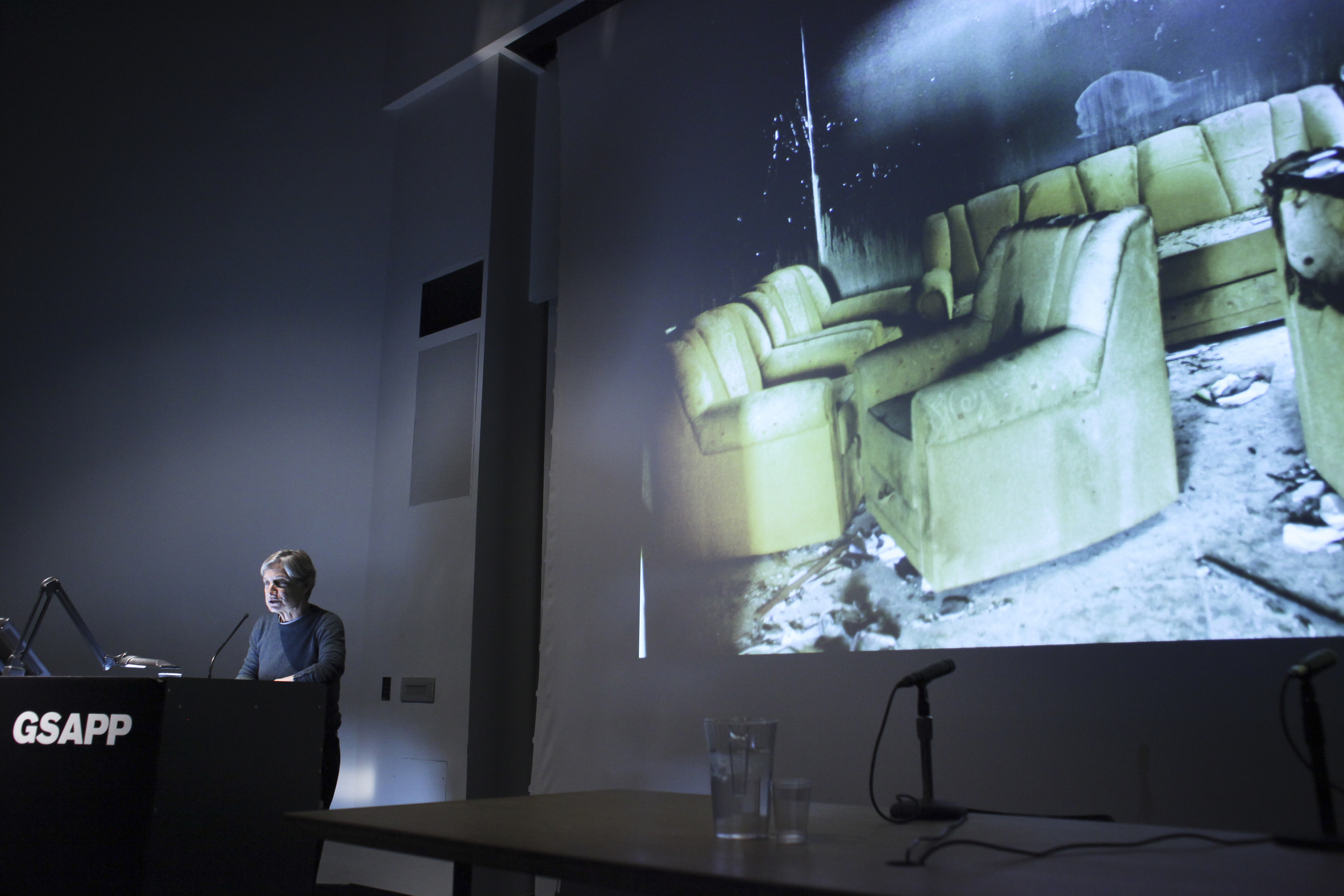  Judith Butler delivers the lecture “Disposses: Kent Klich's Images of Vacated Life in Gaza after 2008.” February 20, 2013, Wood Auditorium, Columbia University.  