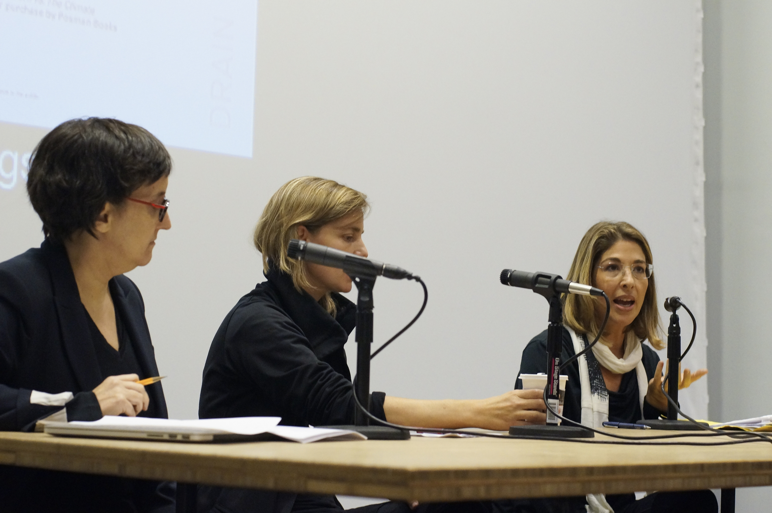  Laura Kurgan, Kate Orff, and Naomi Klein discuss planning for climate change, September 24, 2014, Wood Auditorium, Columbia University.  