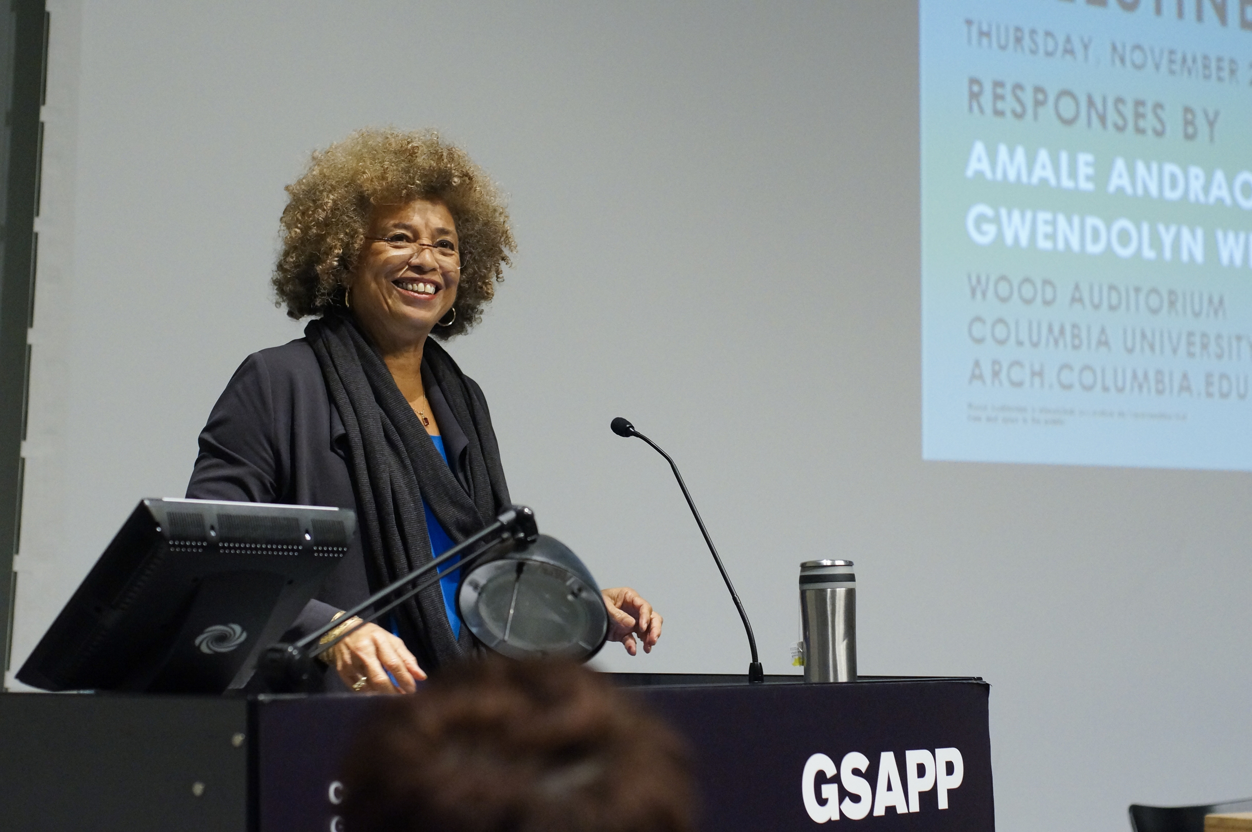  Angela Davis delivers the lecture “Enclosures: Quotidian Carceralities in the US and Occupied Palestine," November 20, 2014, Wood Auditorium, Columbia University. 