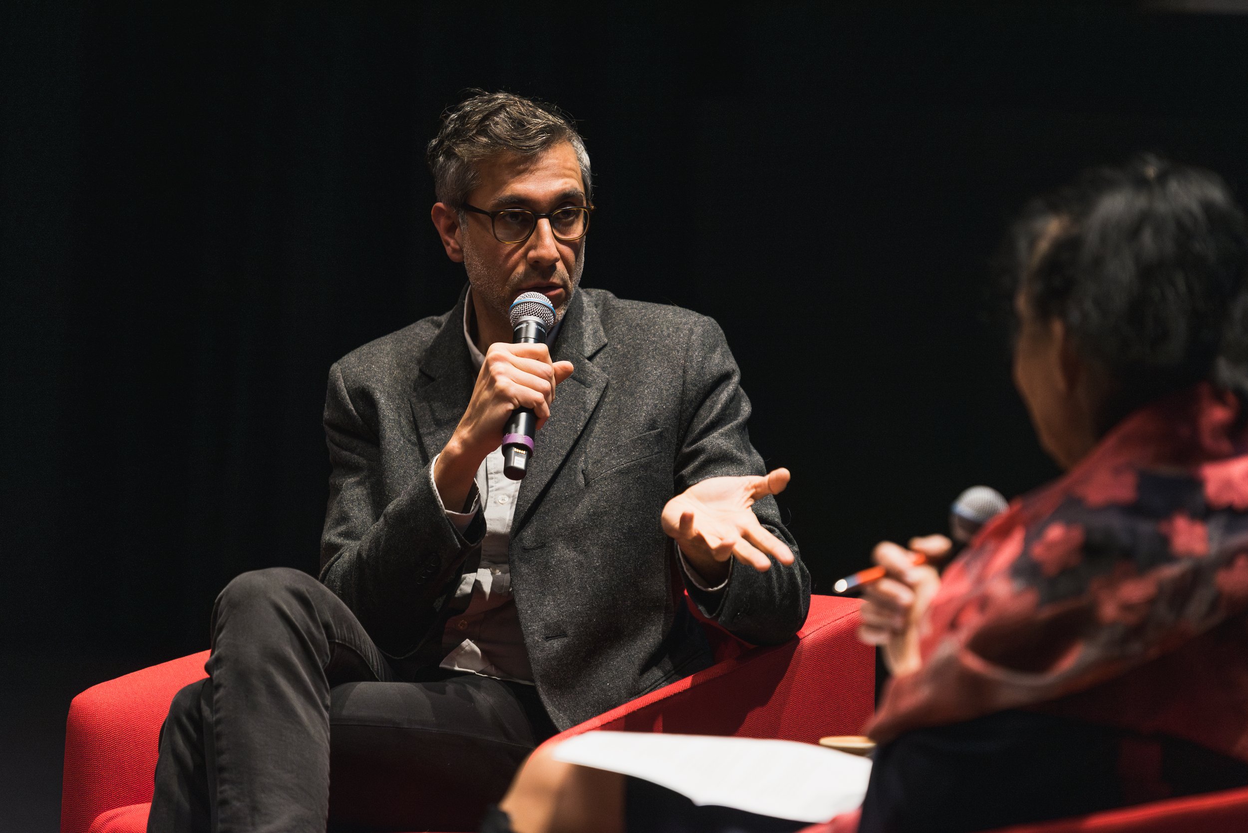  Ramin Bahrani discusses his film,  If Dreams Were Lightning: Rural Healthcare Crisis,  with Wafaa El-Sadr. February 22, 2024. Photo by Joel Jares. 