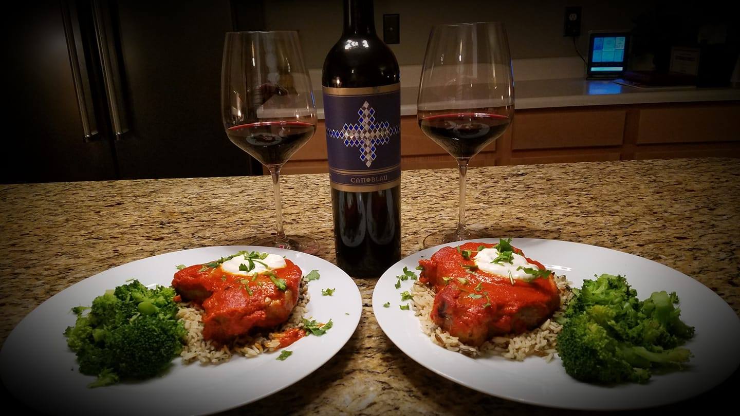 North African Pork Chops with Wild Rice and Steamed Broccoli. Paired with Can Blau Spanish Red Blend.